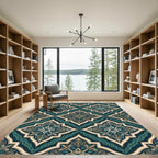 Elegant Teal Gold Damask Medallion Rug