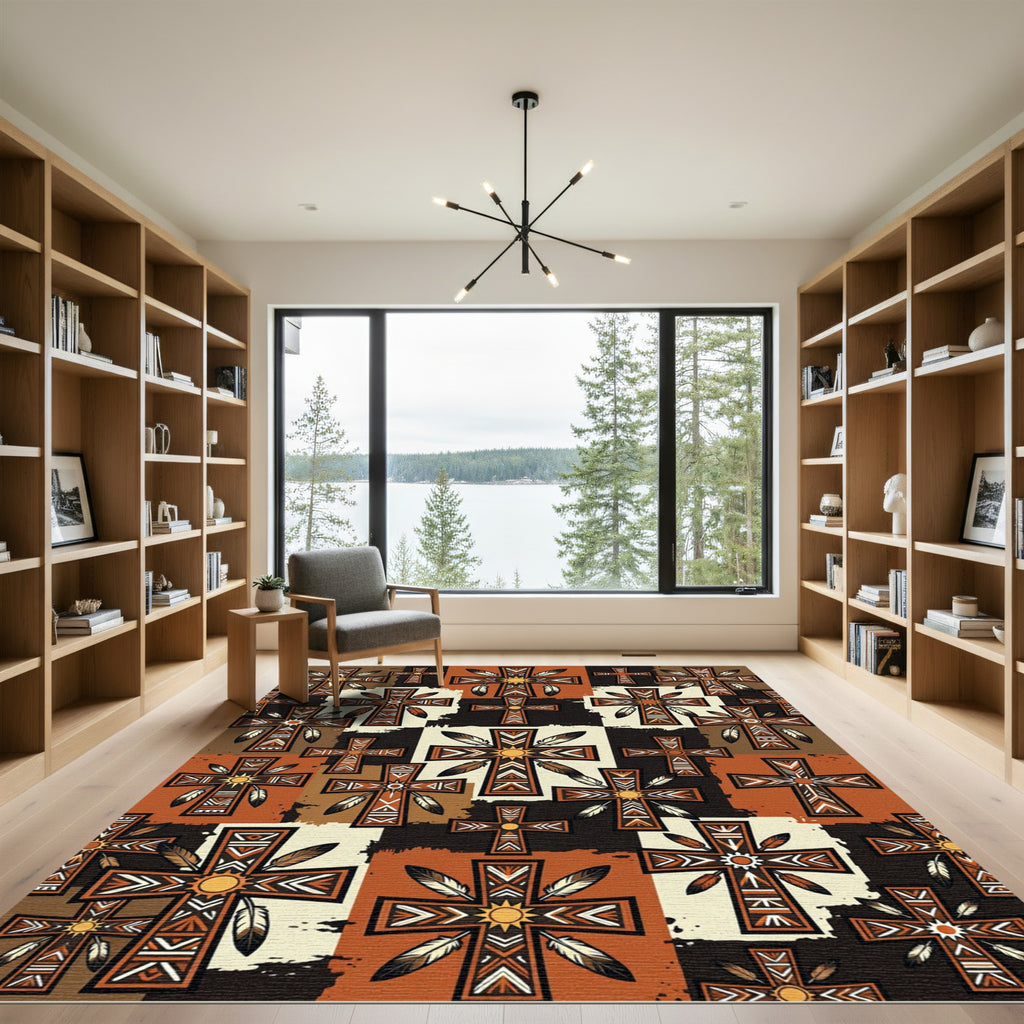 Earthy Southwestern Cross Feather Tile Rug