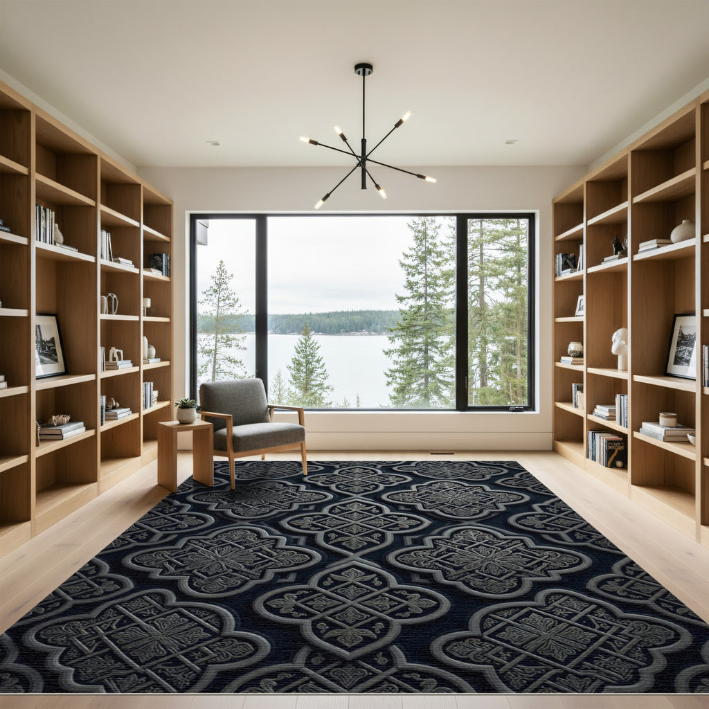 Ornate Quatrefoil Dark Blue Rug