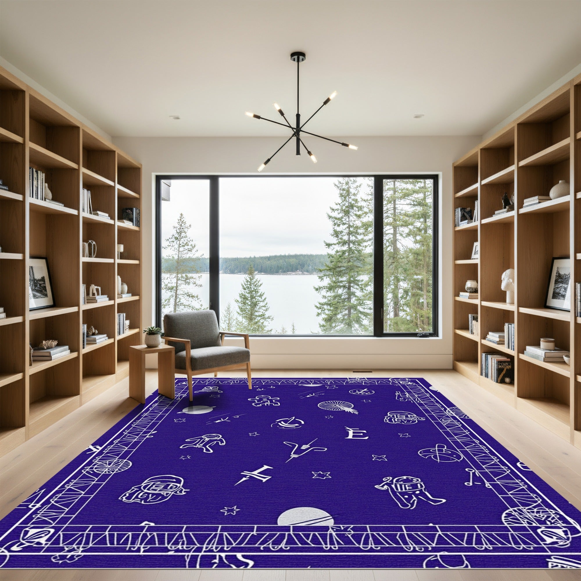 Cosmic White Figures Blue Pattern Rug
