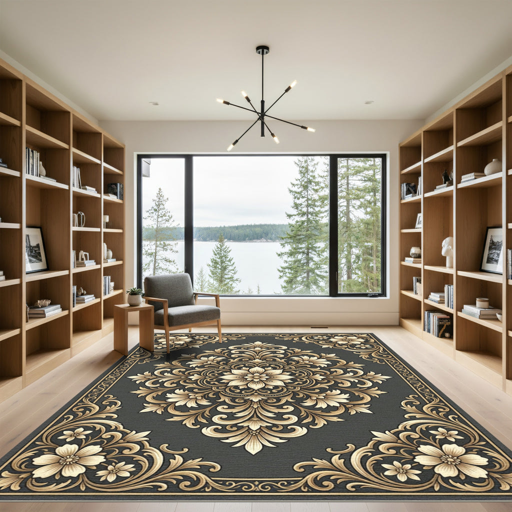 Golden Floral Damask Scrollwork Rug