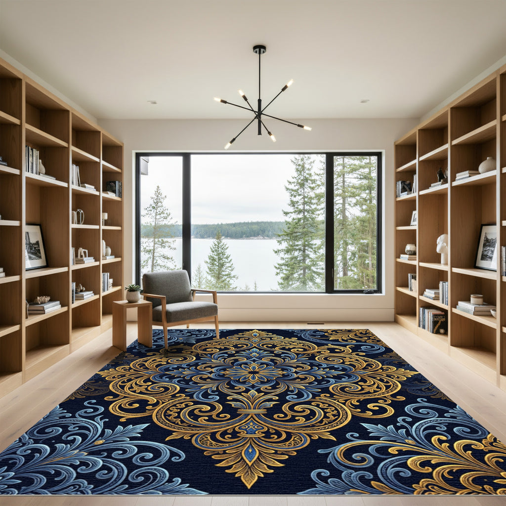 Royal Blue Golden Ornate Damask Swirl Rug