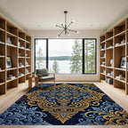 Royal Blue Golden Ornate Damask Swirl Rug
