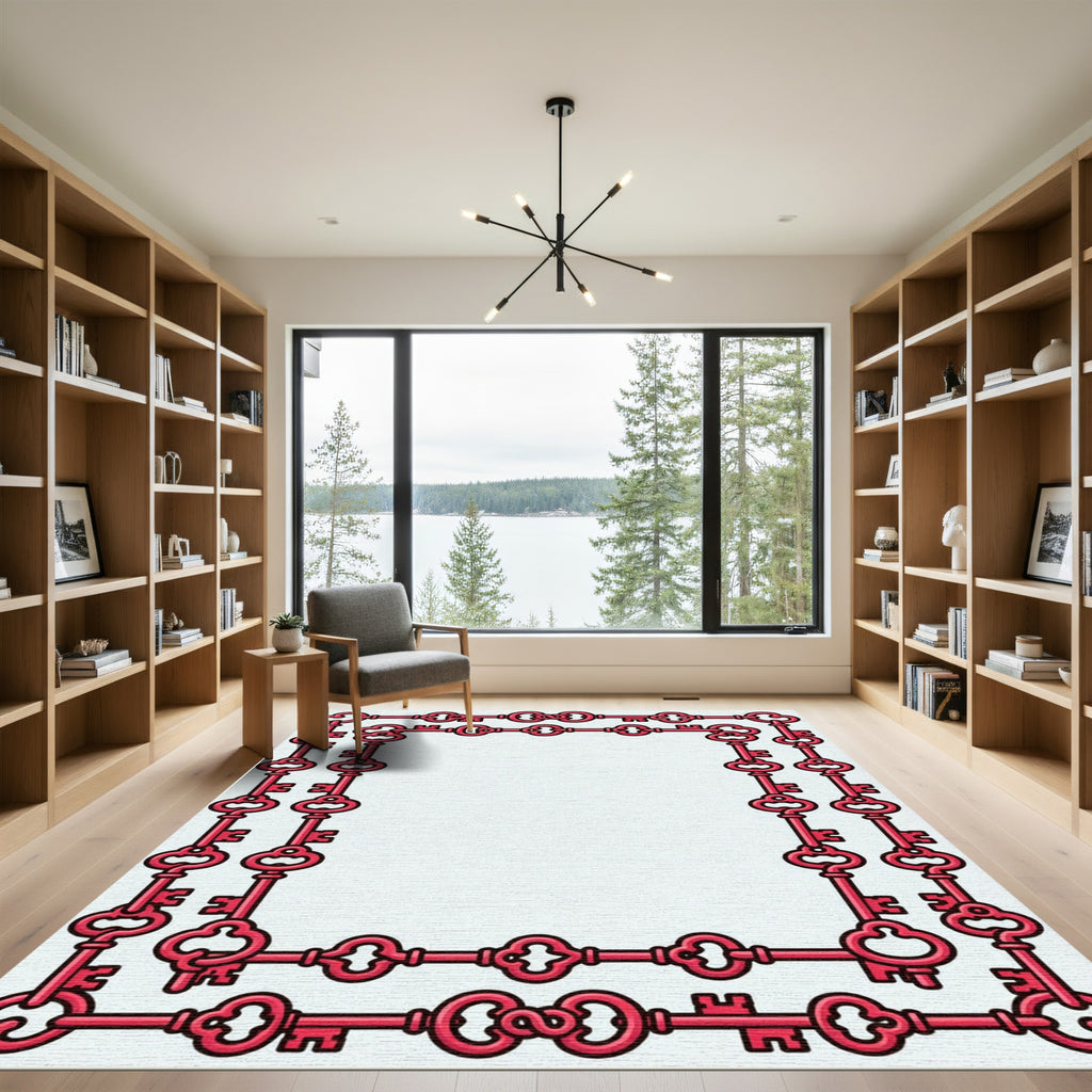 Red Vintage Keys Border Rug
