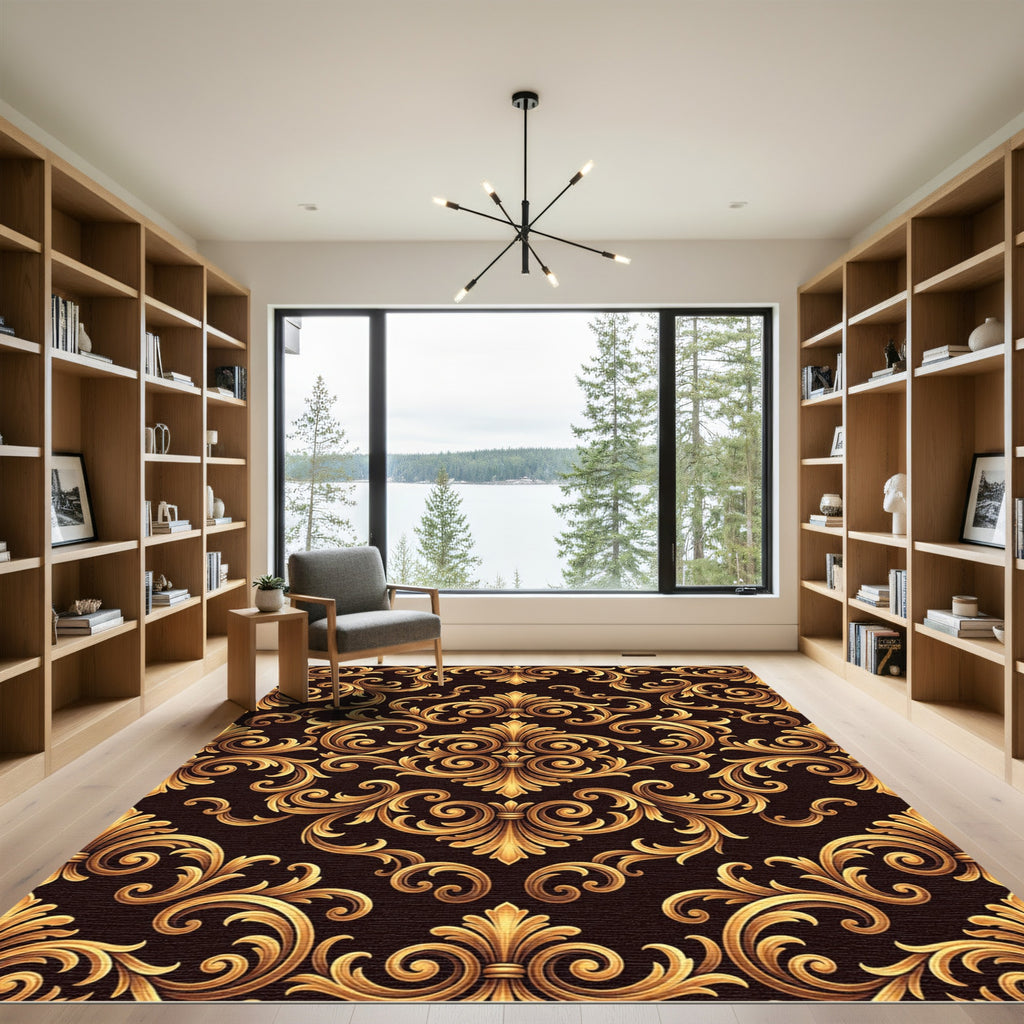 Golden Baroque Flourish Scrollwork Rug