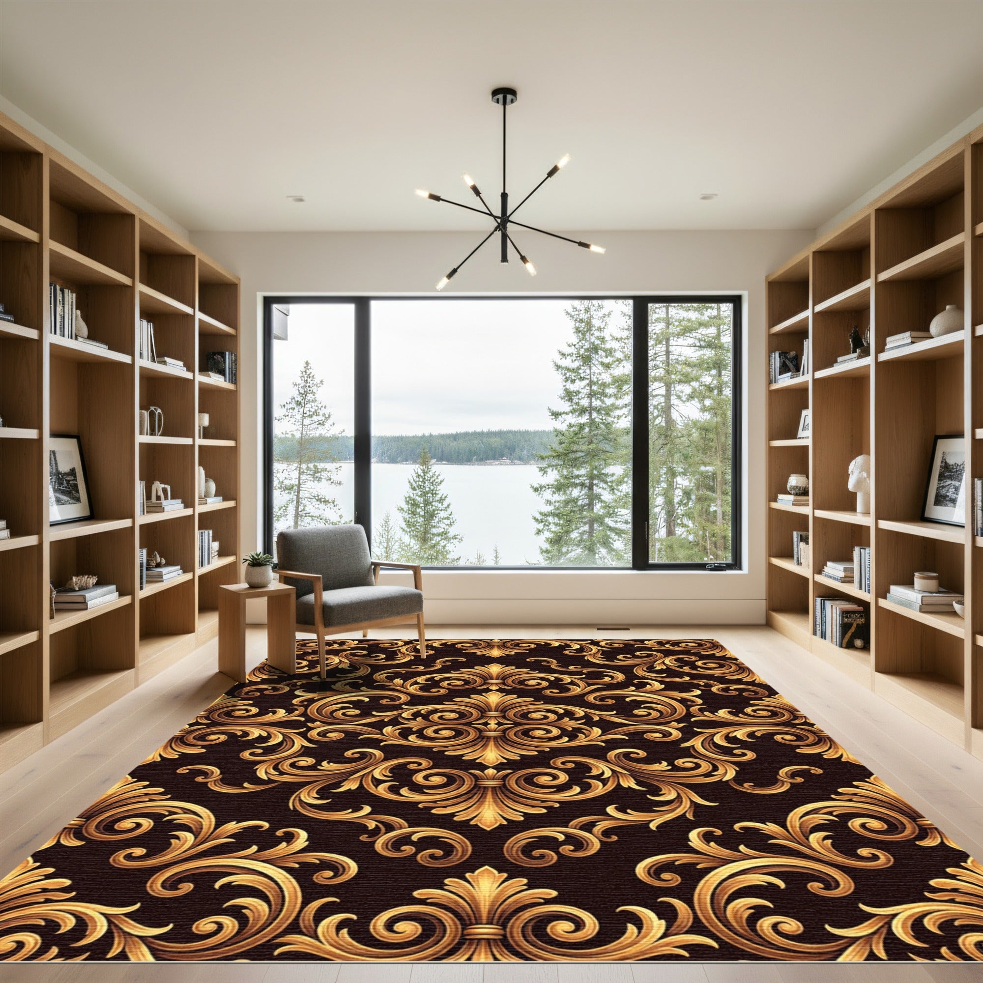 Golden Baroque Flourish Scrollwork Rug