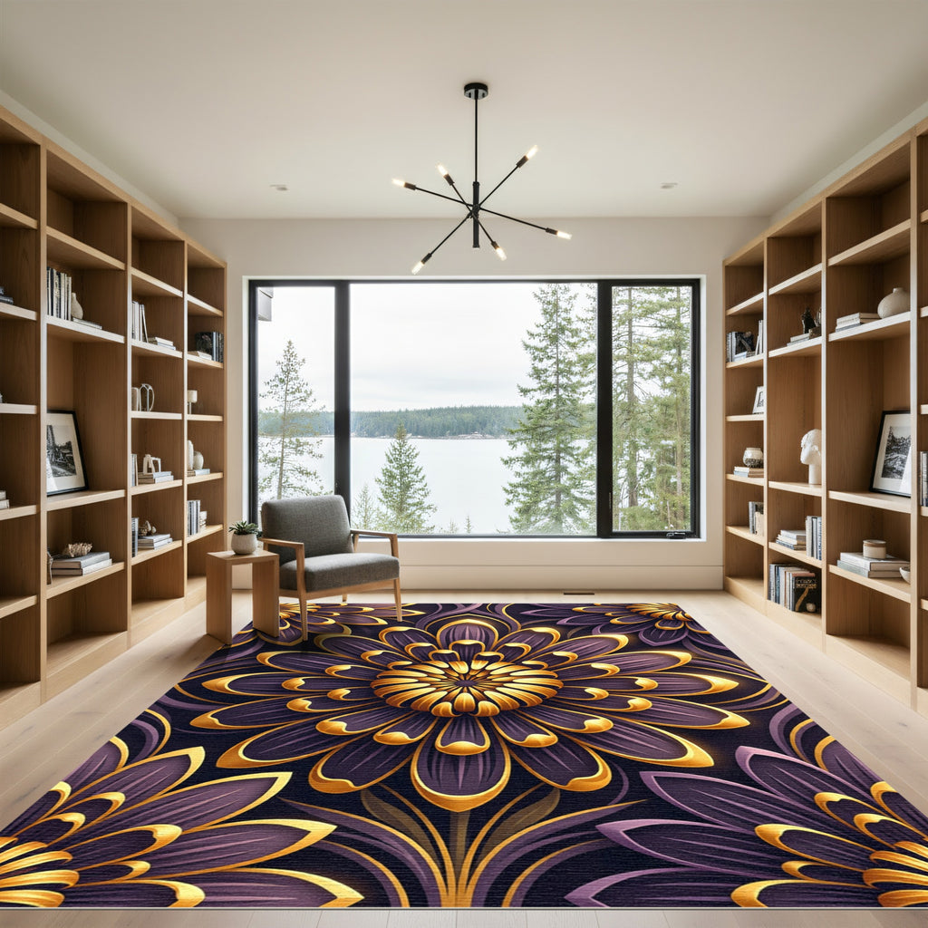 Elegant Golden Floral Violet Art Nouveau Rug