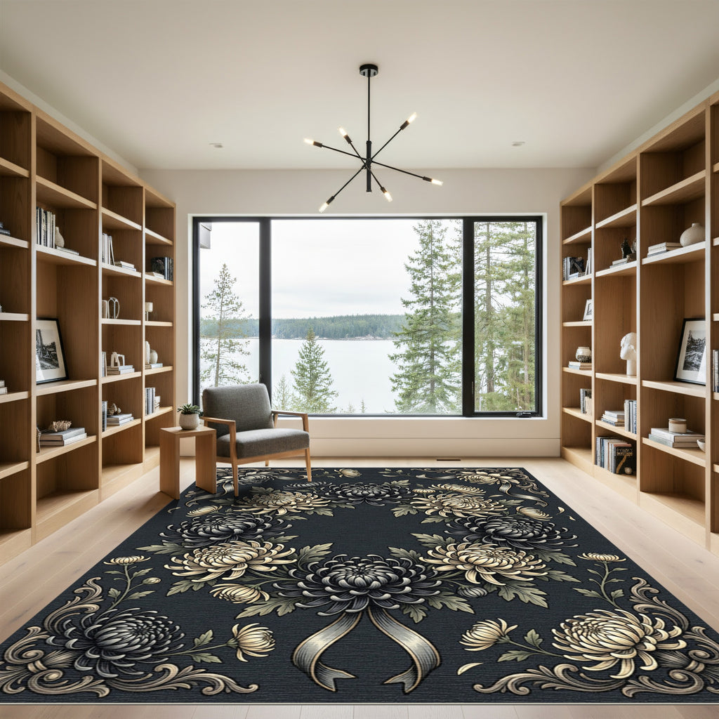Elegant Monochrome Chrysanthemum Floral Wreath Rug