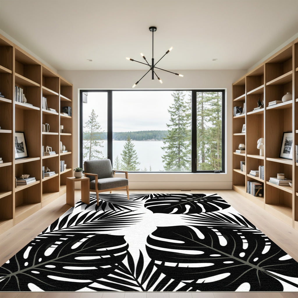 Monochromatic Tropical Monstera Palm Leaf Rug