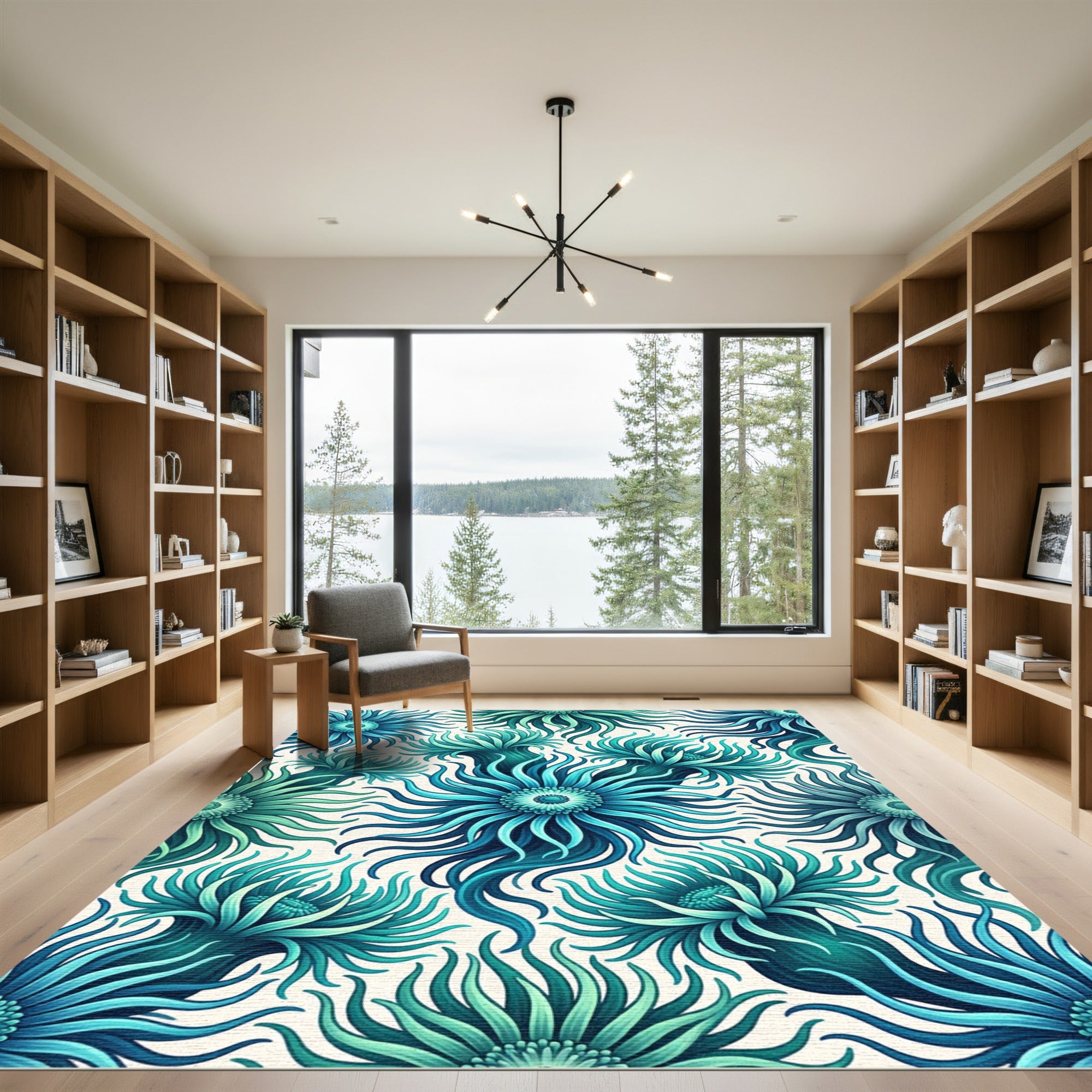 Teal Marine Anemone Radiating Floral Ocean Rug