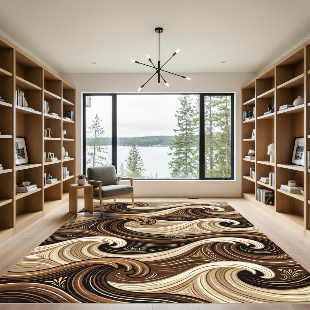 Earthy Brown Abstract Swirling Wave Art Rug