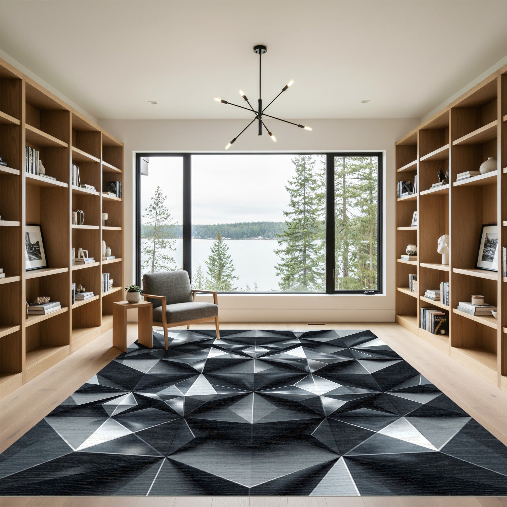 Metallic Silver Sculptural Geometric Facet Rug