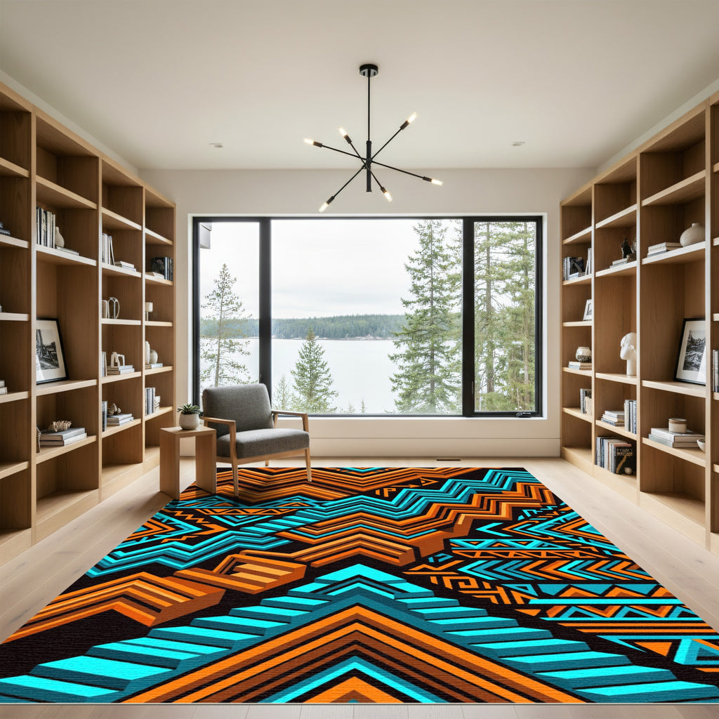 Vibrant Orange Teal Geometric Zigzag Rug