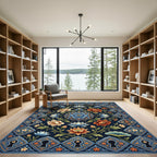 Dark Blue Floral Keyhole Border Rug