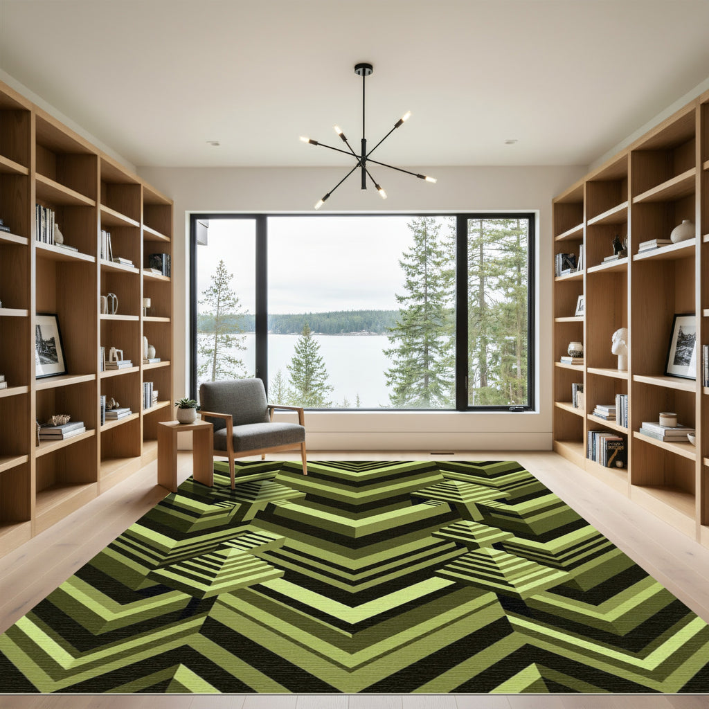 Geometric Olive Chevron Isometric Pyramid Rug