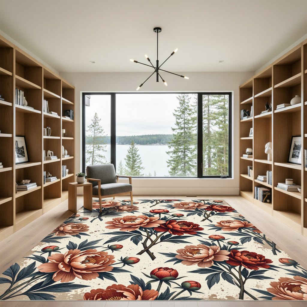 Elegant Crimson Peony Floral Botanical Rug