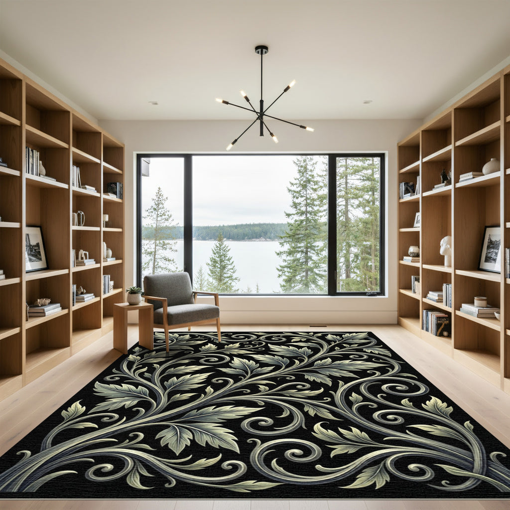 Ornate Cream Scroll Leaf Black Rug