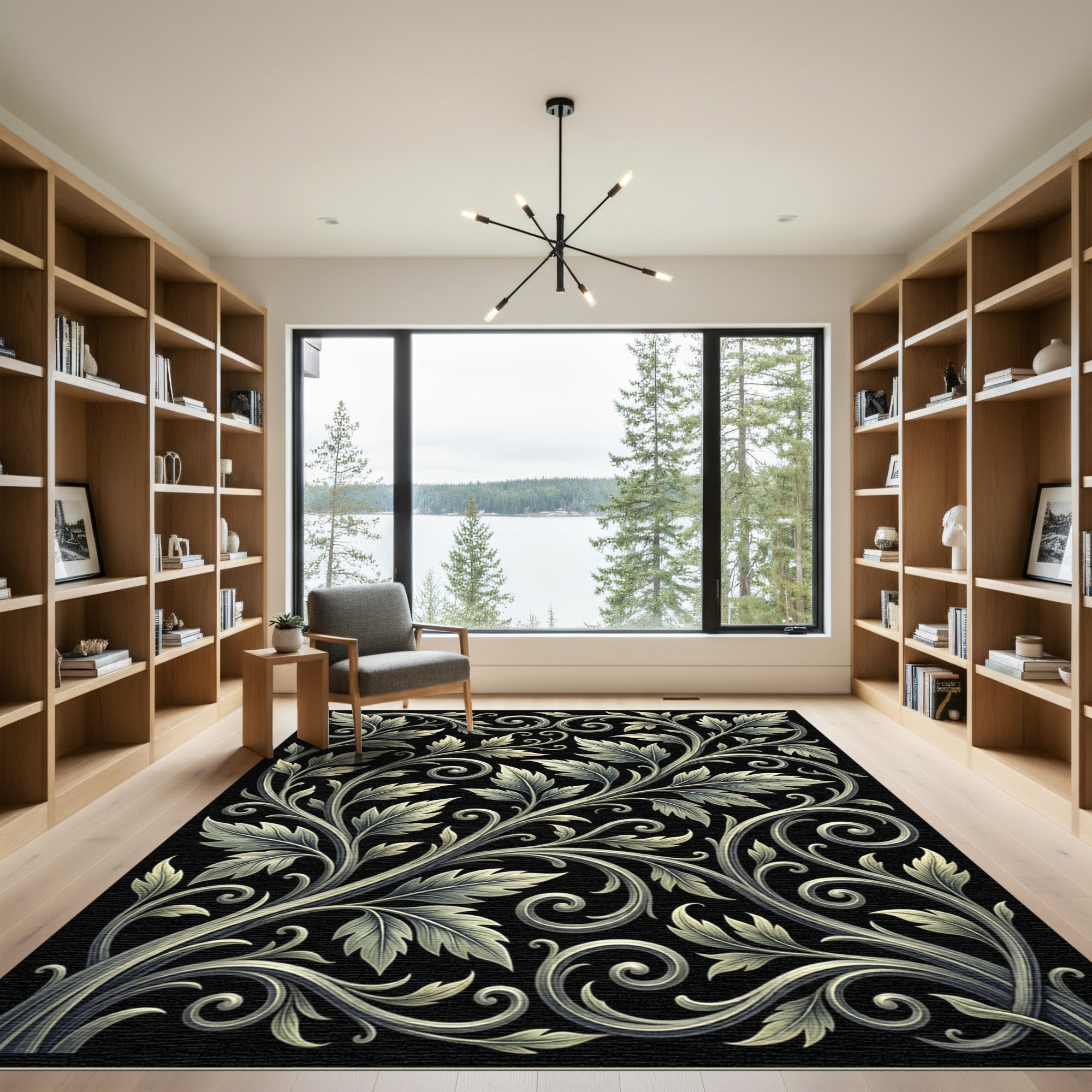 Ornate Cream Scroll Leaf Black Rug