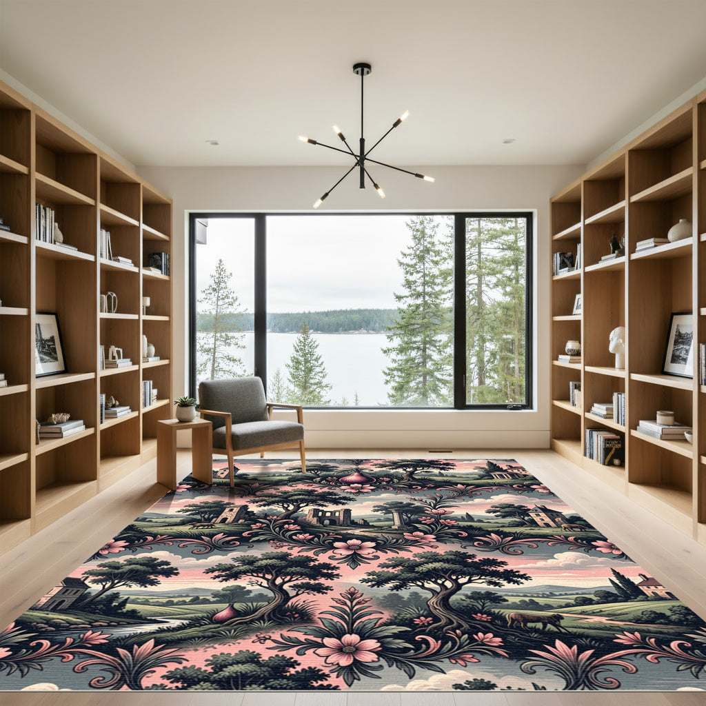 Pastoral Pink Floral Landscape Scenic Medallion Rug
