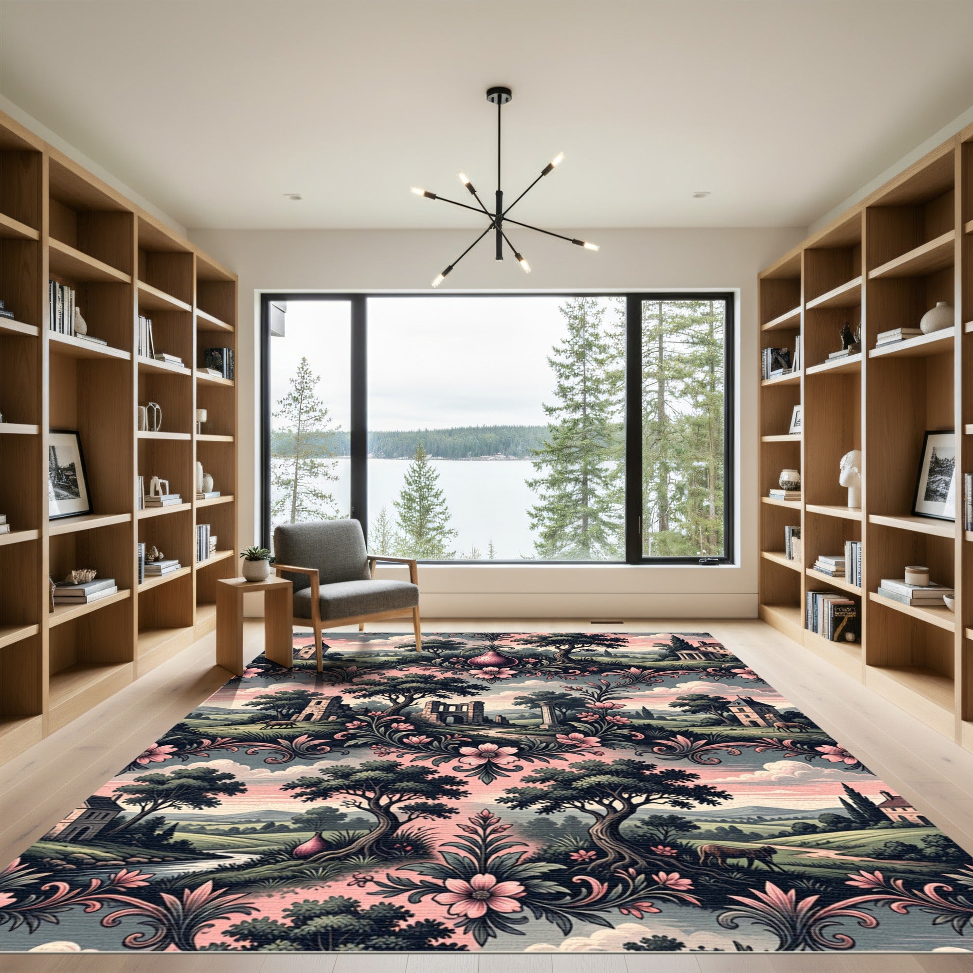Pastoral Pink Floral Landscape Scenic Medallion Rug
