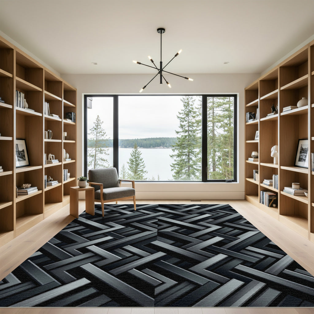 Modern Charcoal Interlocking Geometric Rug