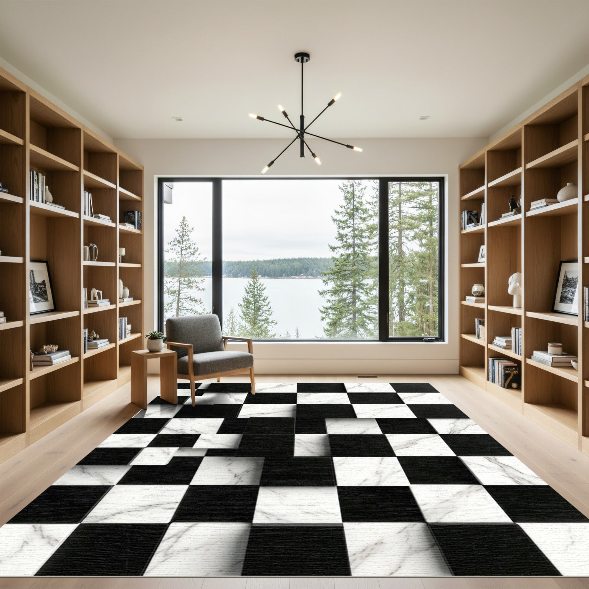 Modern Black and White Marble Grid Rug