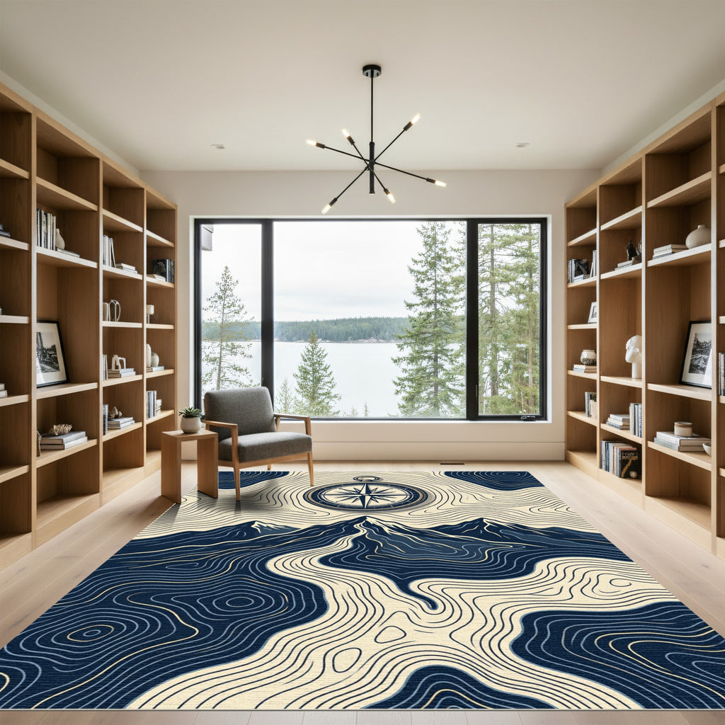 Compass Navigational Mountain Topographic Ink Art Rug