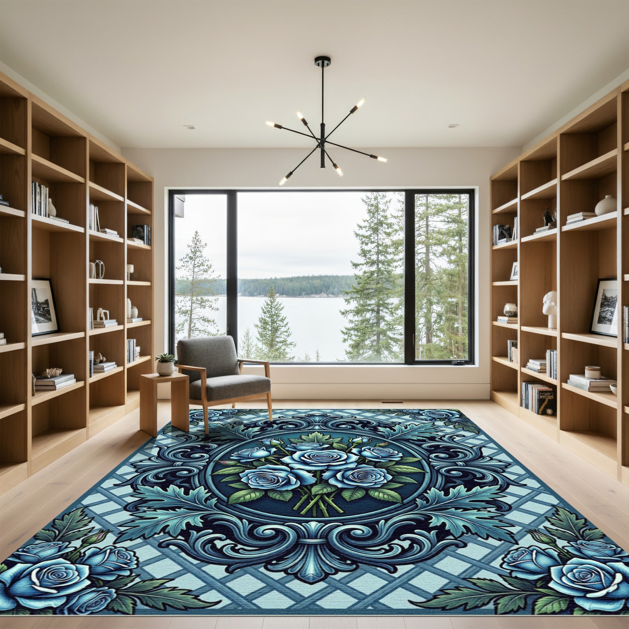 Elegant Sapphire Rose Baroque Medallion Rug