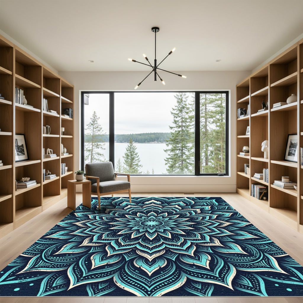 Teal Cyan Ornate Floral Mandala Rug