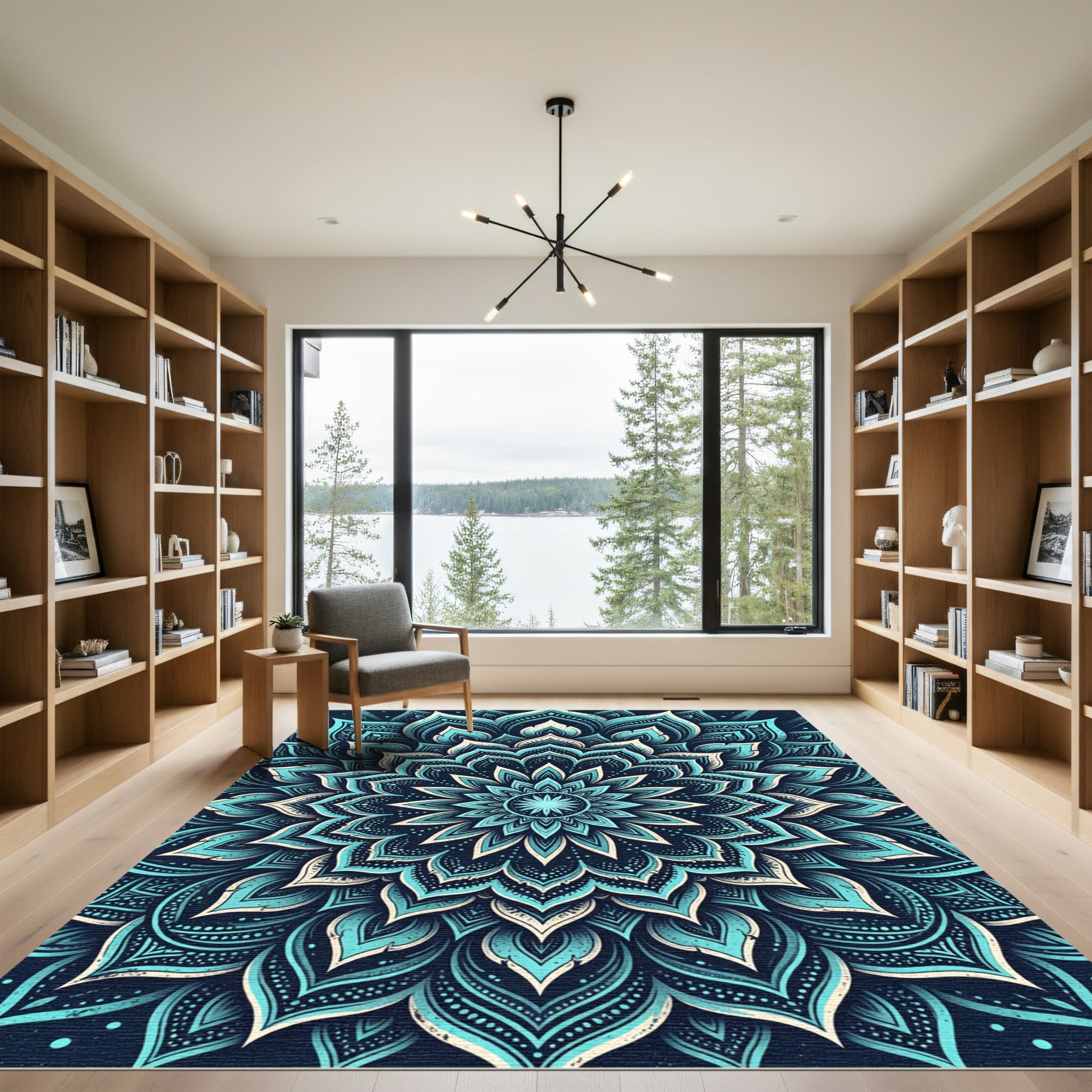 Teal Cyan Ornate Floral Mandala Rug