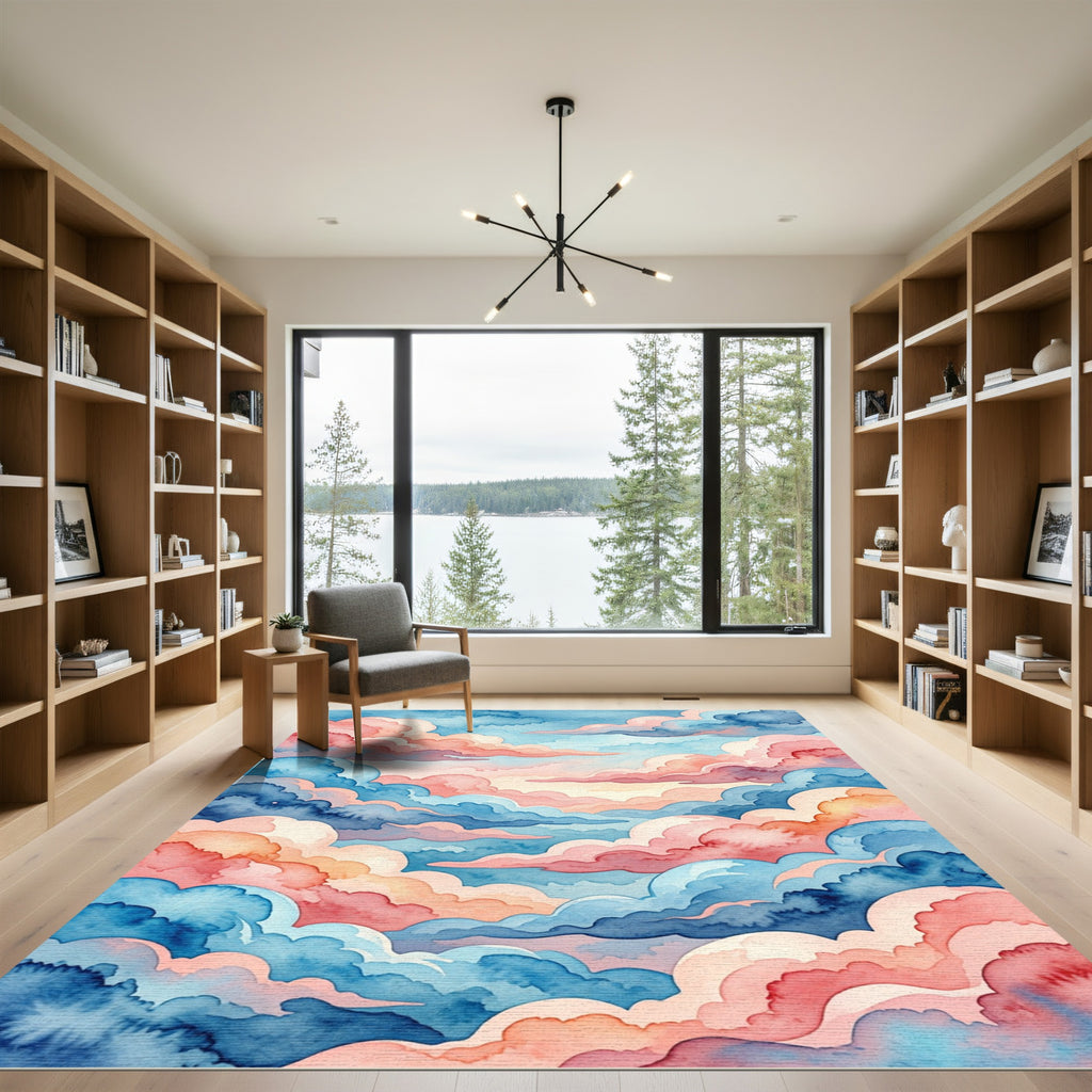 Watercolor Pink and Azure Cloudscape Rug