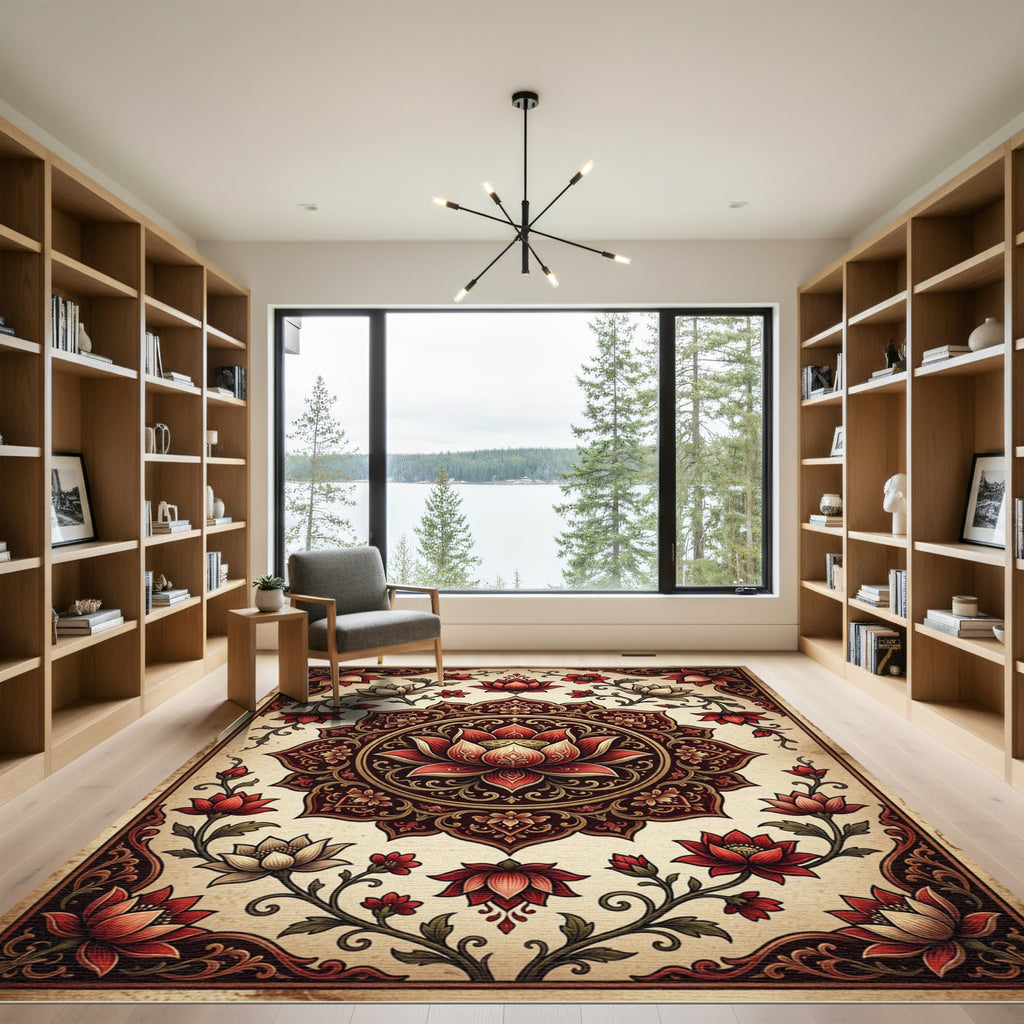 Intricate Crimson Lotus Medallion Floral Rug