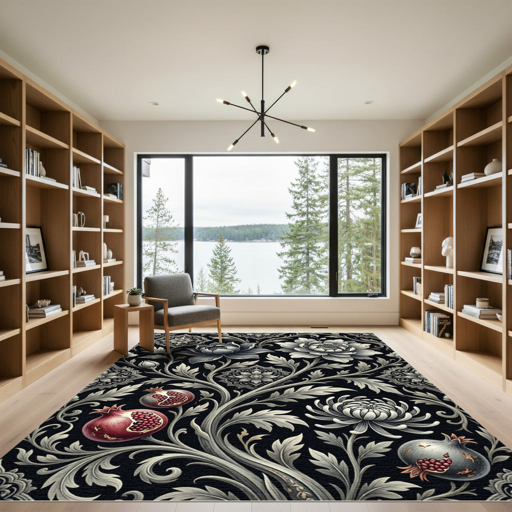 Black Floral Pomegranate Scroll Rug