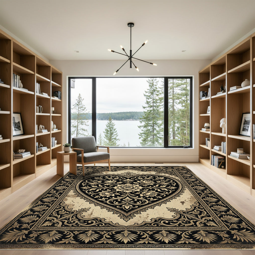 Ornate Monochrome Black Floral Heart Rug