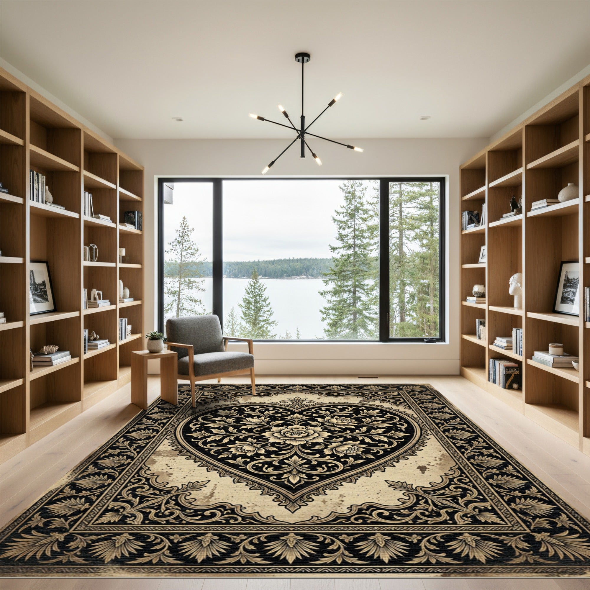 Ornate Monochrome Black Floral Heart Rug
