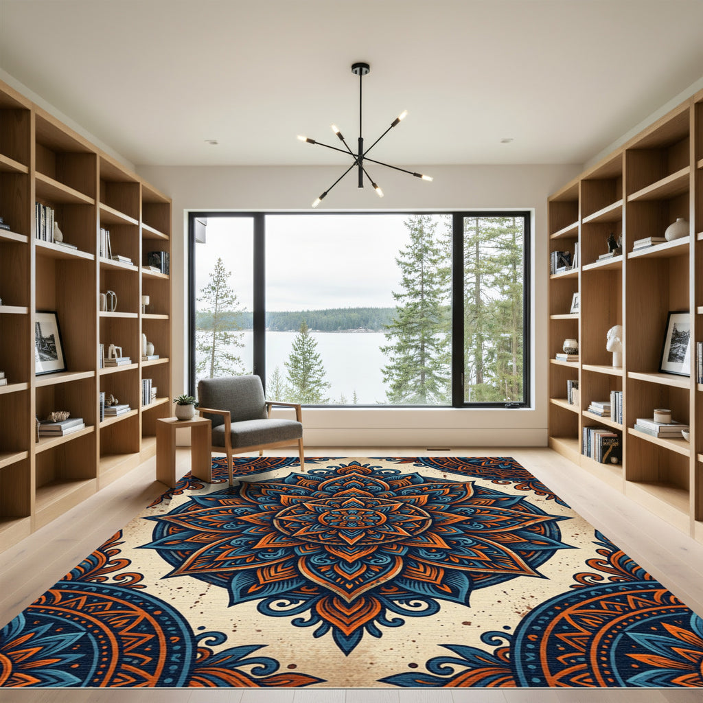 Ornate Indigo and Burnt Orange Mandala Rug