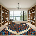 Ornate Indigo and Burnt Orange Mandala Rug