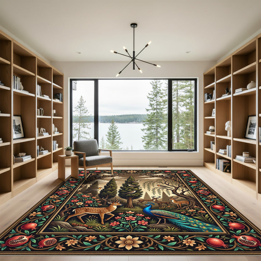 Enchanted Forest Deer and Peacock Tapestry Rug
