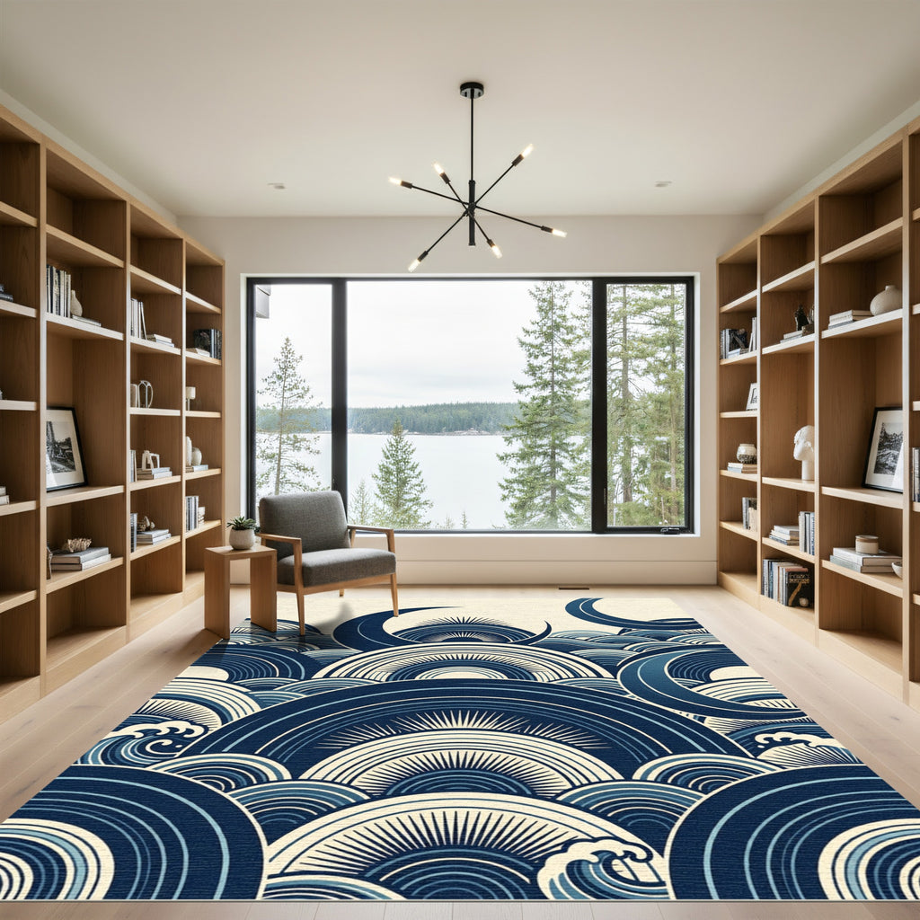 Midnight Blue Abstract Crescent Wave Rug