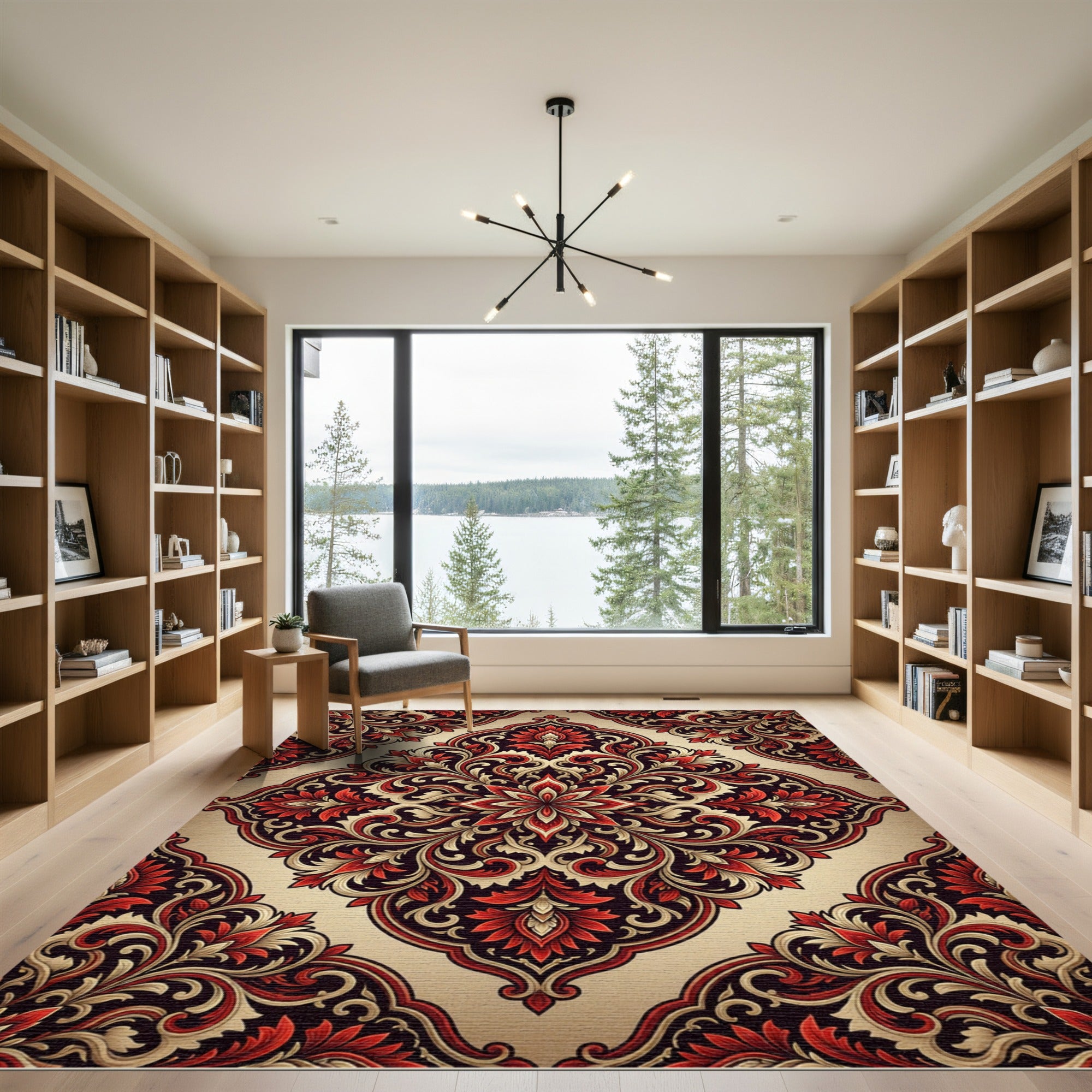 Crimson Red Floral Damask Ornament Rug