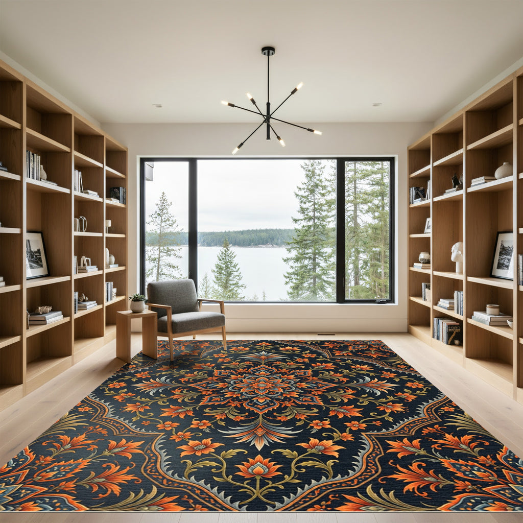 Midnight Navy Orange Floral Mandala Rug