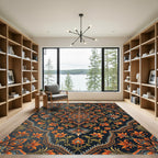 Midnight Navy Orange Floral Mandala Rug