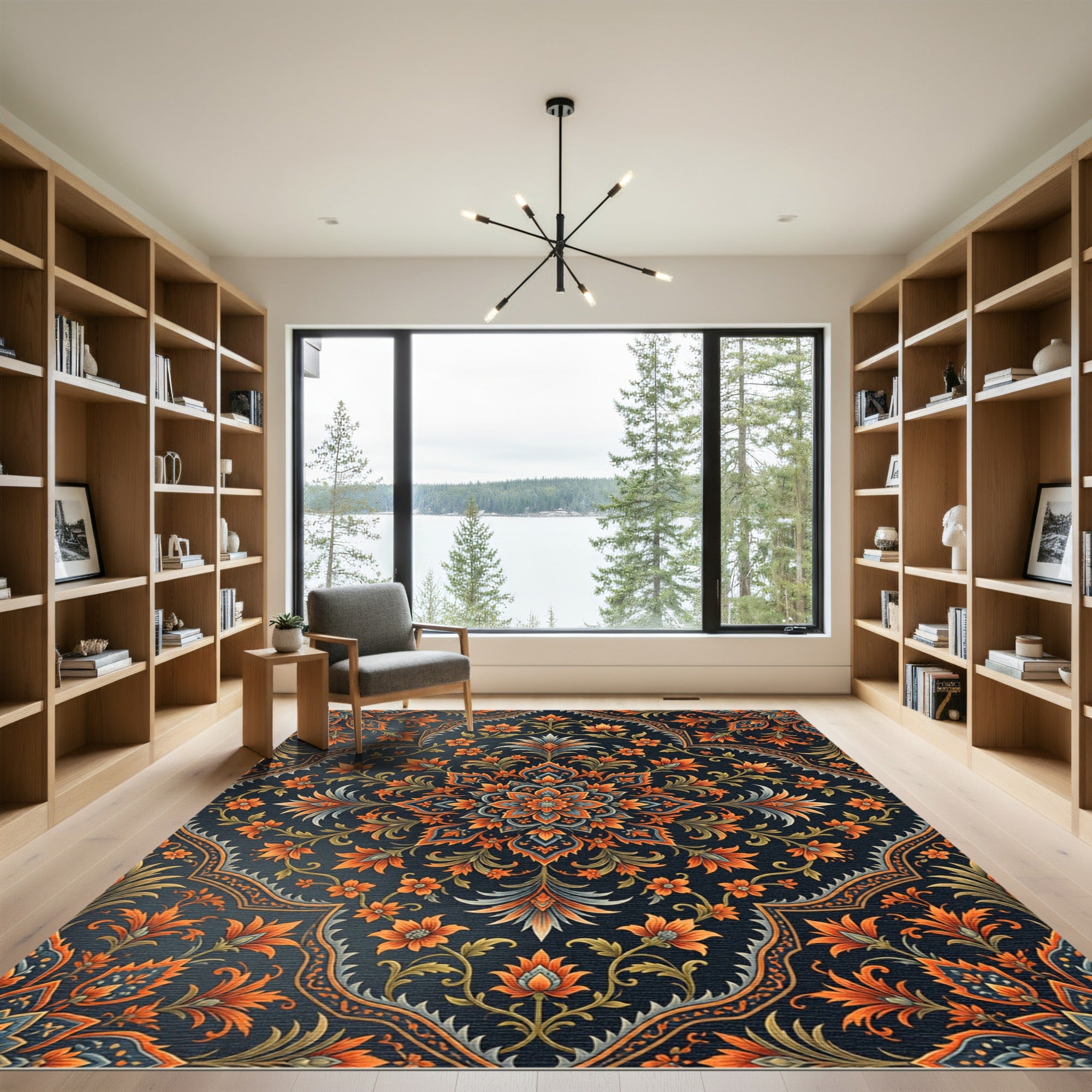 Midnight Navy Orange Floral Mandala Rug