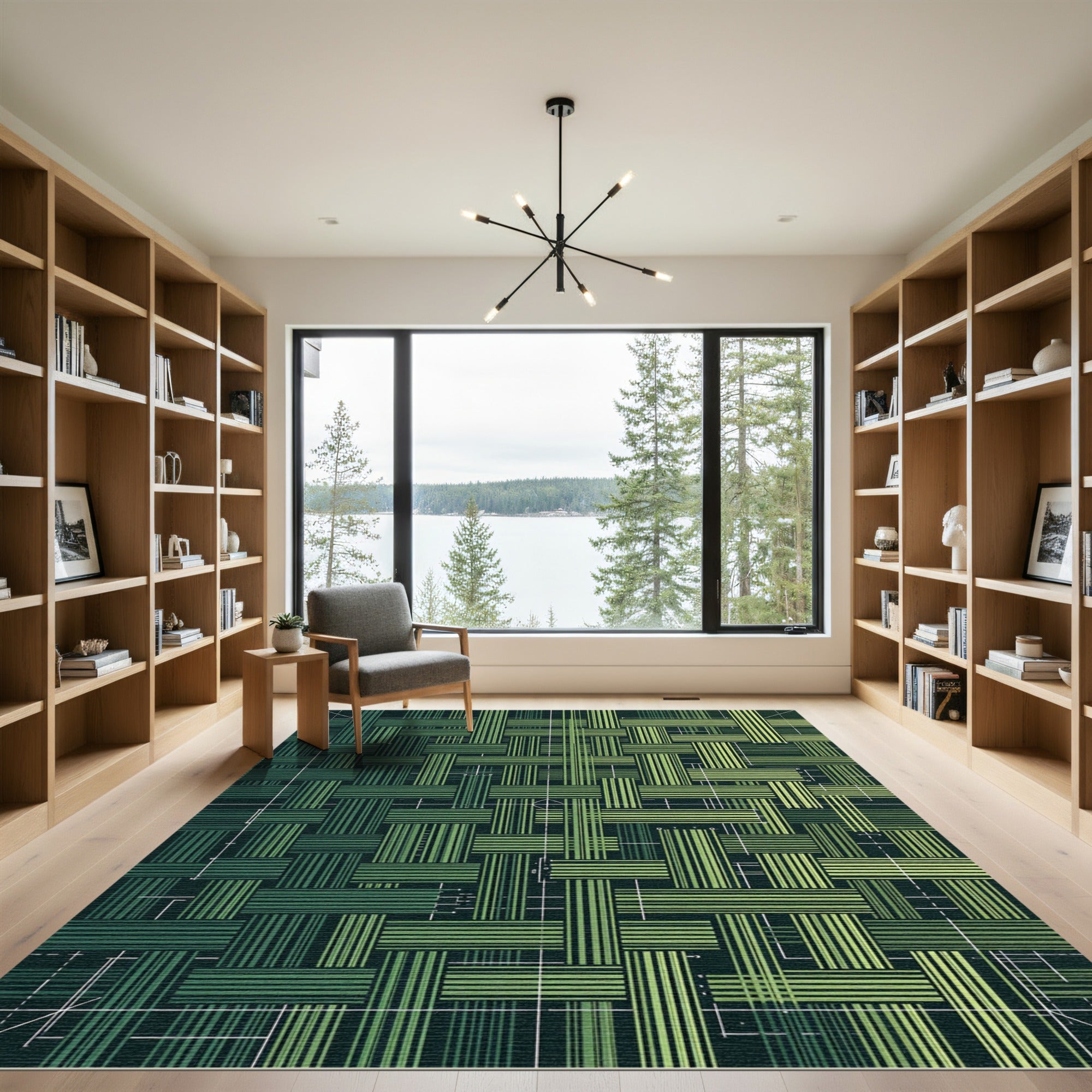 Green Woven Stripes Textured Grid Rug