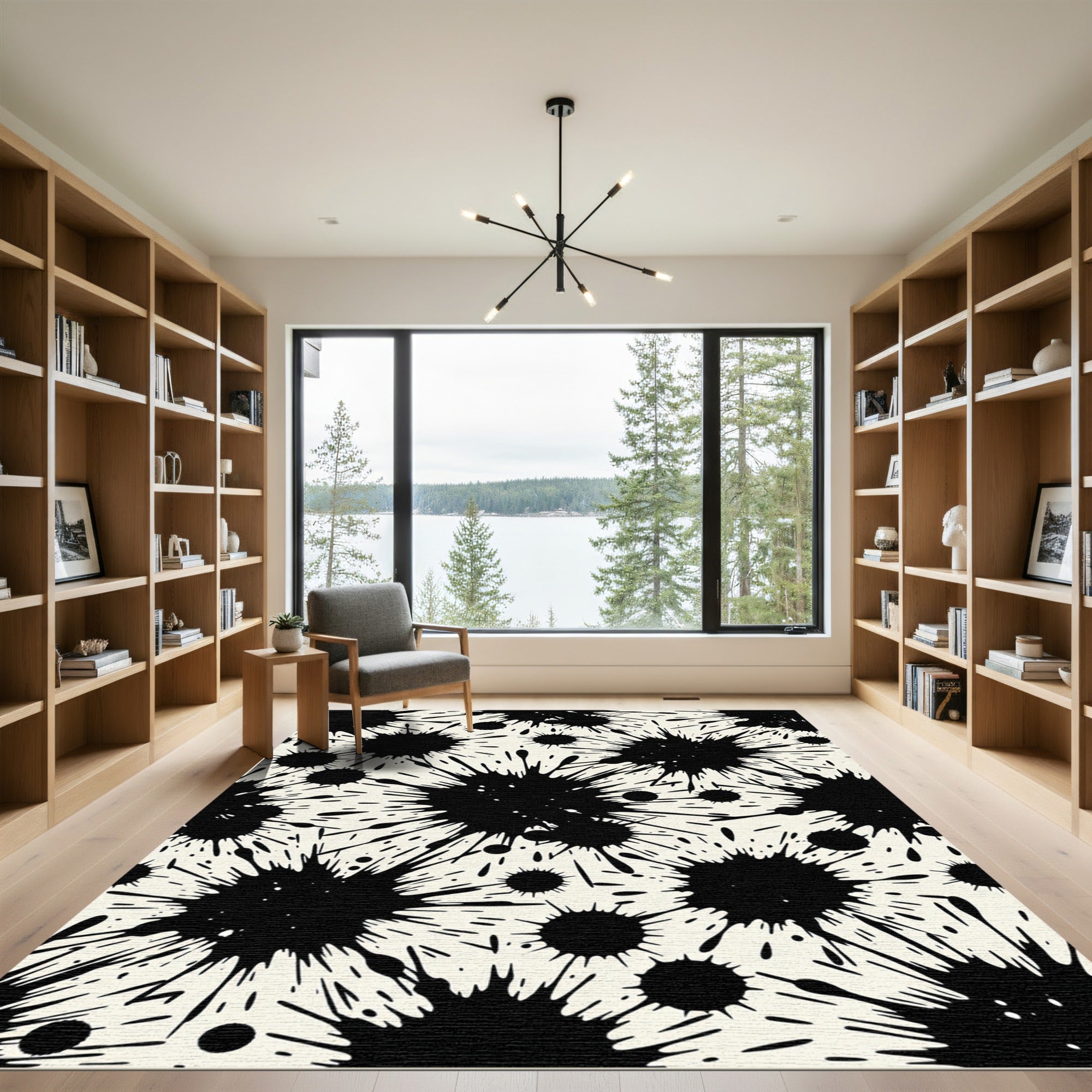 Bold Black Monochrome Ink Splatter Rug