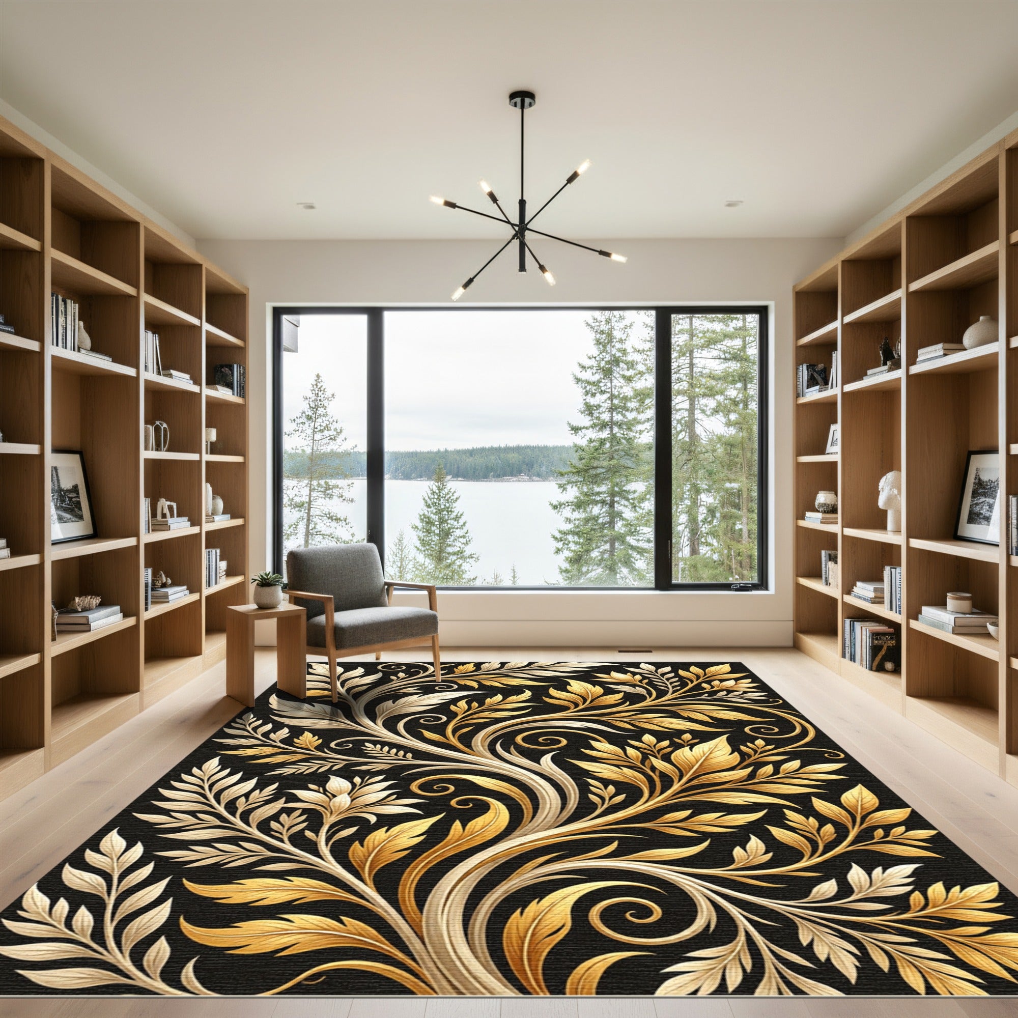 Elegant Golden Foliage Scroll Art Rug