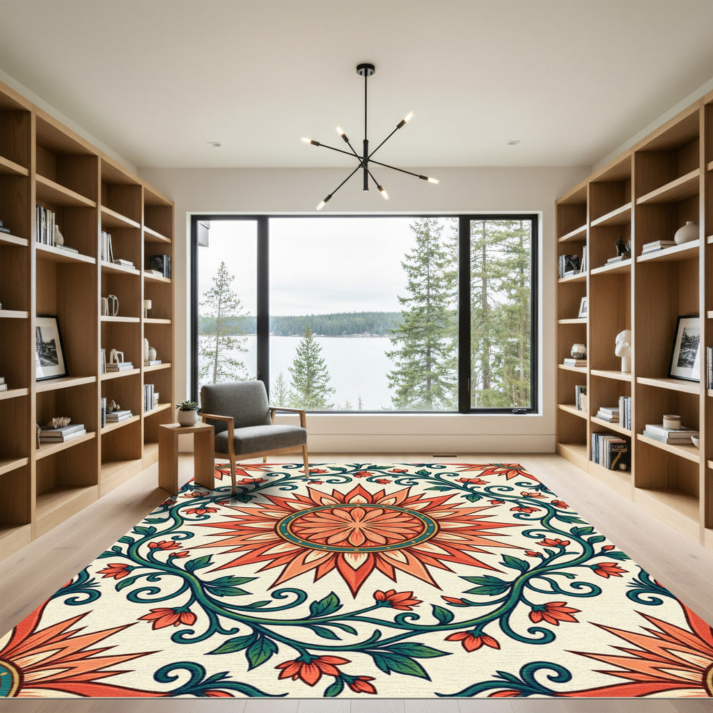Coral Sunburst Floral Vine Rug