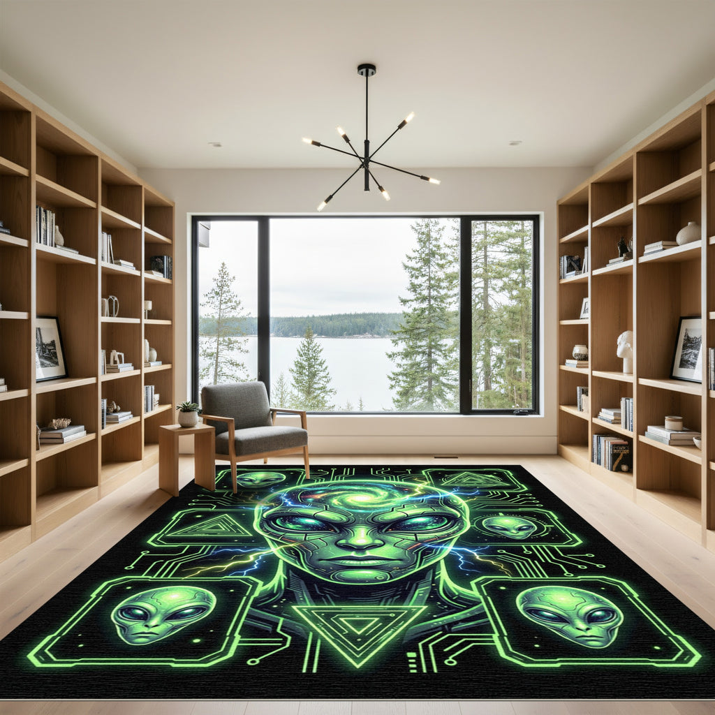 Neon Galactic Alien Cyber Circuit Art Rug