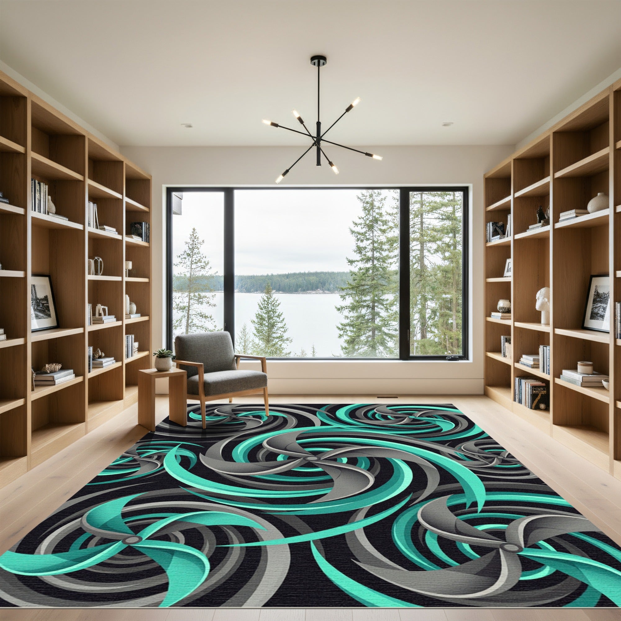 Teal and Gray Abstract Galactic Vortex Rug