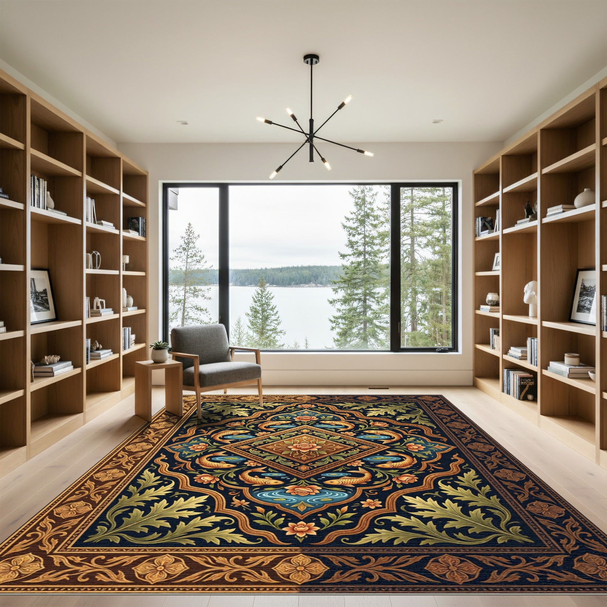 Deep Blue Golden Fish Floral Medallion Rug